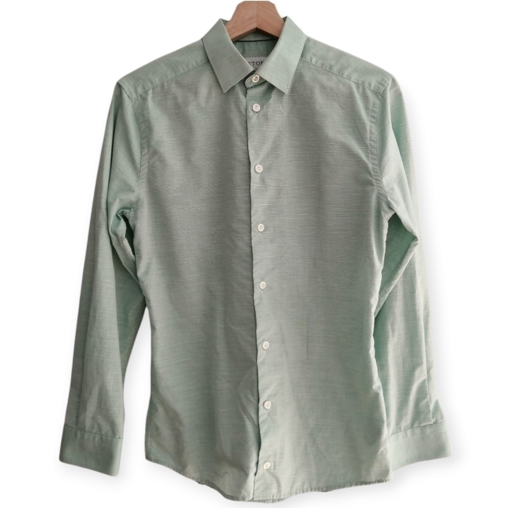 Eton Men's Super Slim Fit Dress Shirt Green Stripe Cotton Linen 14.5 Neck 32/33